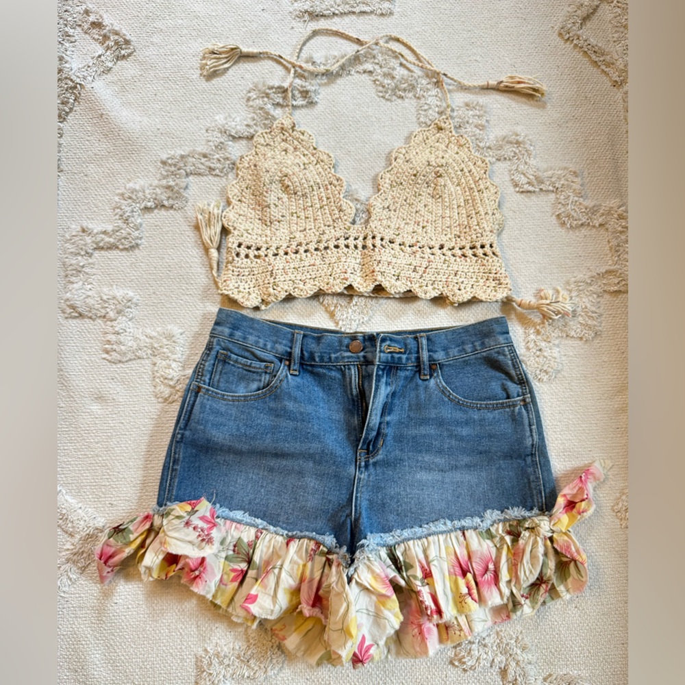 Handmade Crochet Halter and Custom Jean Shorts